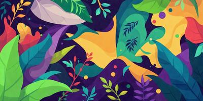 The primary subject of the image is a colorful, abstract design featuring a variety of plants and leaves. The setting is a purple background, which adds to the overall mood of the image. The visual style is a combination of digital art and illustration, creating a vibrant and lively atmosphere. The dominant colors are purple, green, and yellow, which contribute to the overall mood and aesthetic of the design.